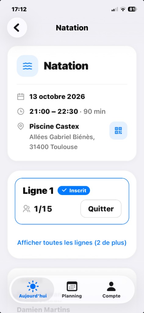TOAC Triathlon — Détail séance Natation, inscrit Ligne 1